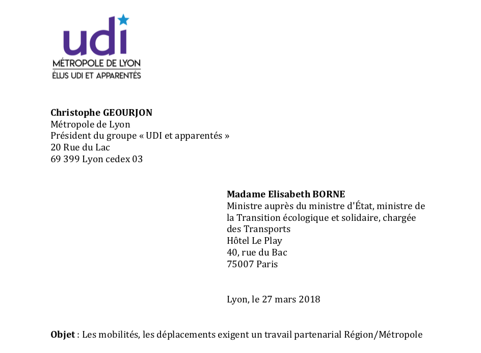Lettre à Madame la Ministre des transports : Les mobilités, les déplacements exigent un travail partenarial Région/Métropole